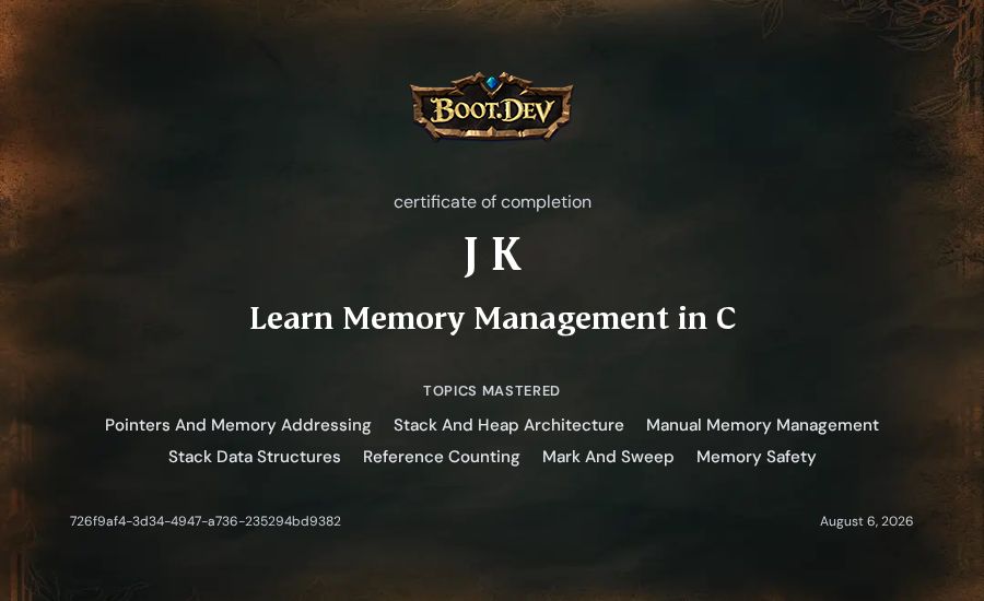 J K's Boot.dev Learn Memory Management in C certificate