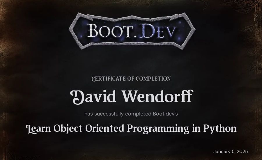 David Wendorff's Boot.dev Learn Object Oriented Programming in Python certificate
