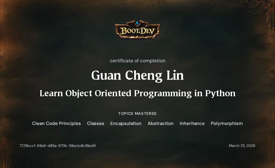 Guan Cheng Lin's Boot.dev Learn Object Oriented Programming in Python certificate