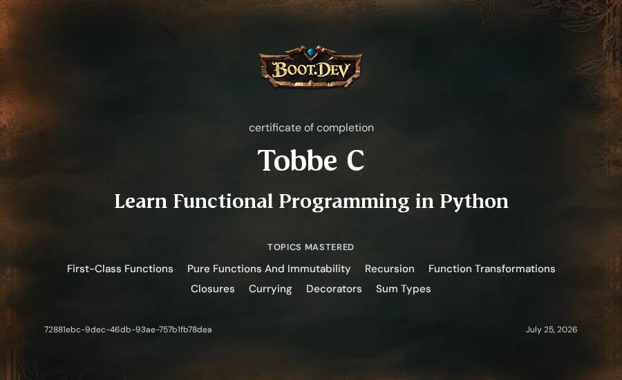 Tobbe C's Boot.dev Learn Functional Programming in Python certificate