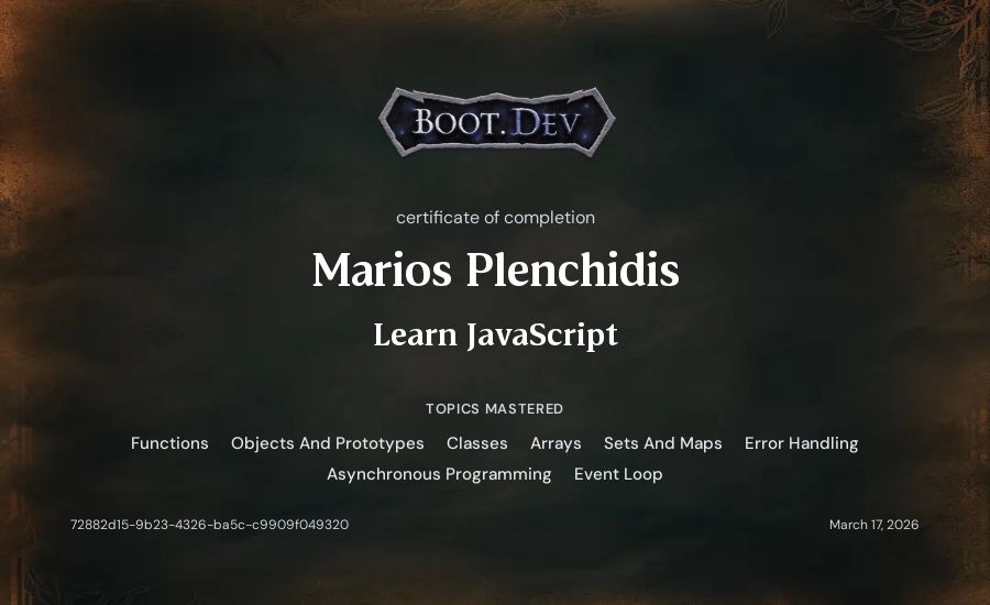 Marios Plenchidis's Boot.dev Learn JavaScript certificate