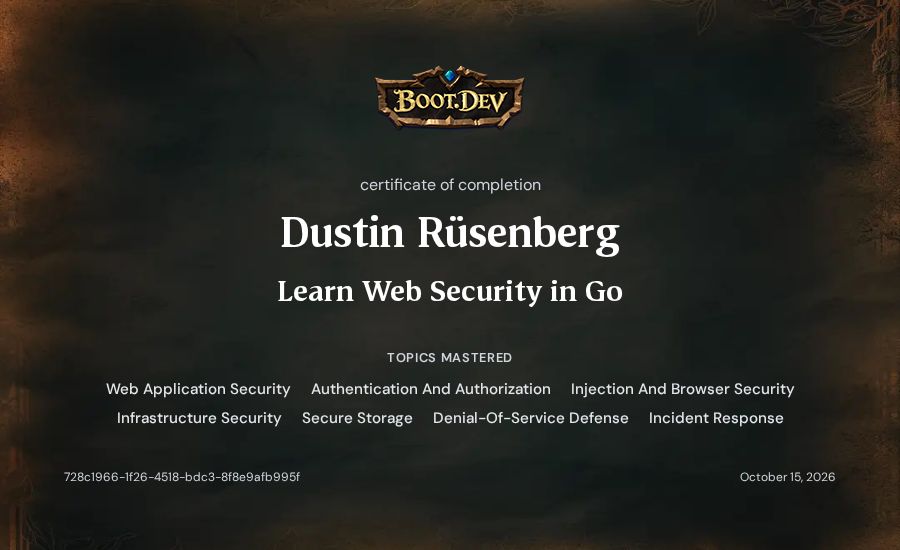 Dustin Rüsenberg's Boot.dev Learn Web Security in Go certificate