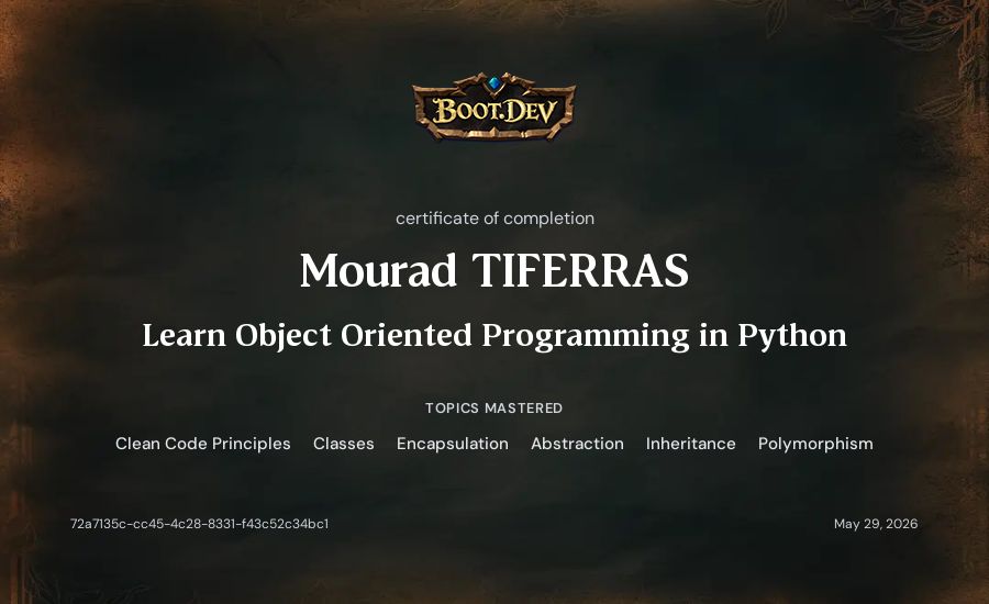 Mourad TIFERRAS's Boot.dev Learn Object Oriented Programming in Python certificate
