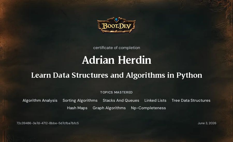 Adrian Herdin's Boot.dev Learn Data Structures and Algorithms in Python certificate