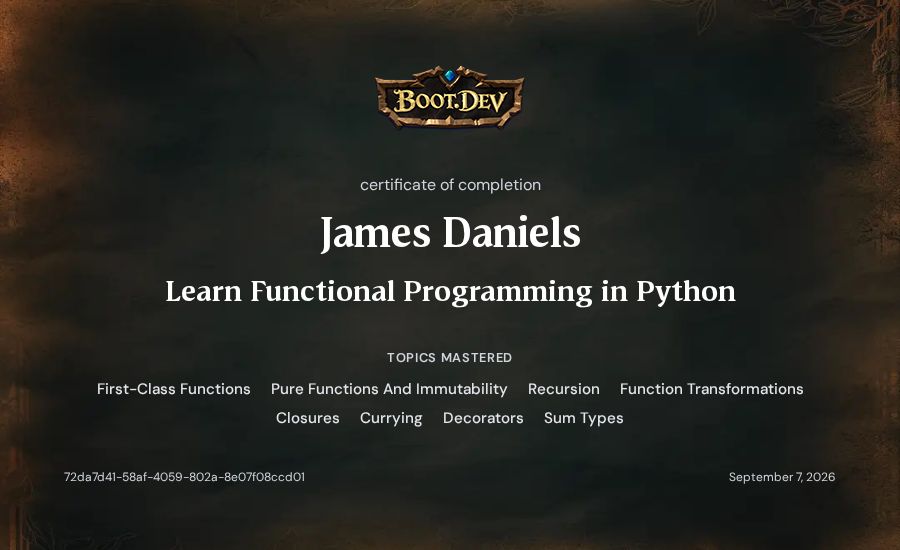 James Daniels's Boot.dev Learn Functional Programming in Python certificate