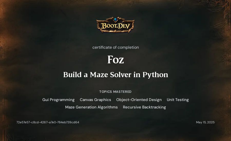 Foz's Boot.dev Build a Maze Solver in Python certificate