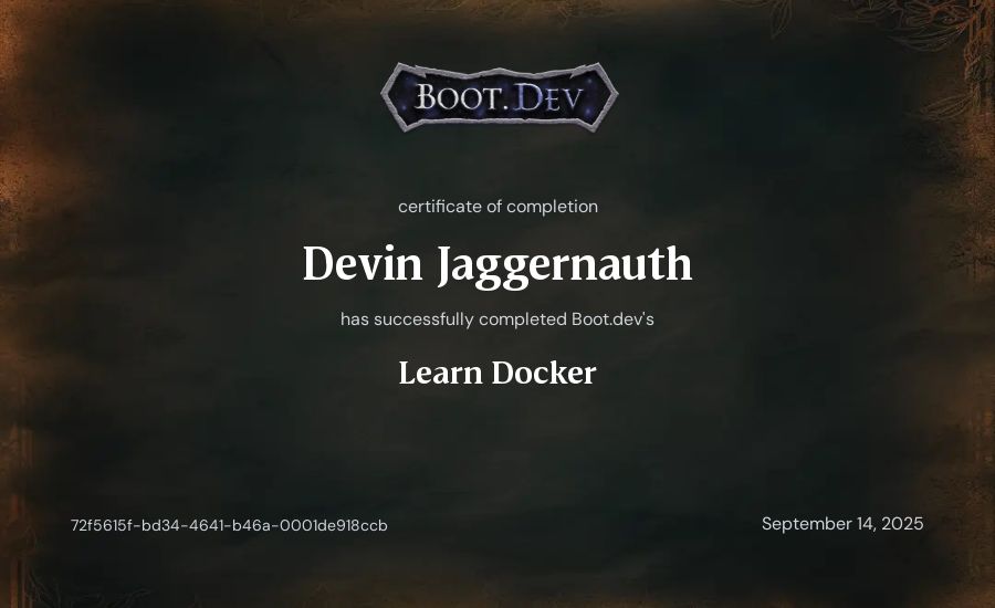Devin Jaggernauth's Boot.dev Learn Docker certificate