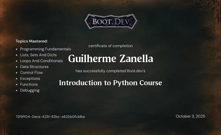 Guilherme Zanella's Boot.dev Introduction to Python Course certificate