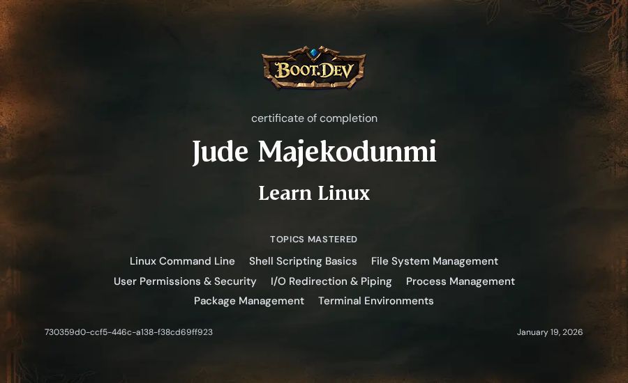 Jude Majekodunmi's Boot.dev Learn Linux certificate