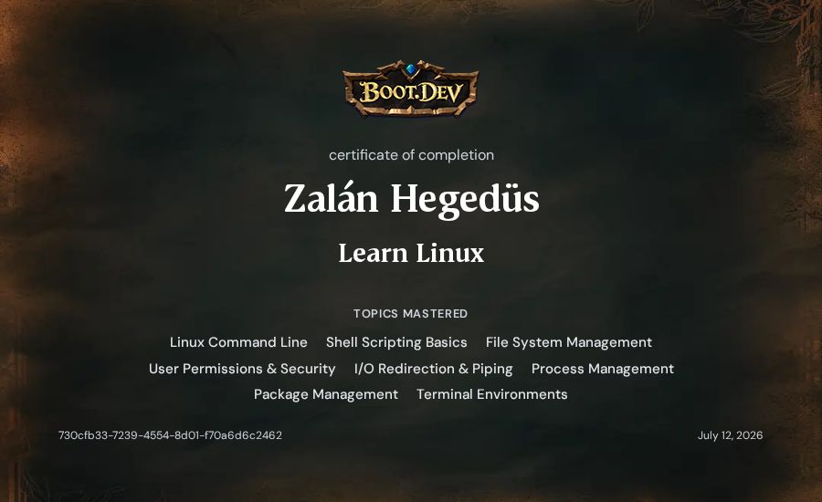 Zalán Hegedüs's Boot.dev Learn Linux certificate