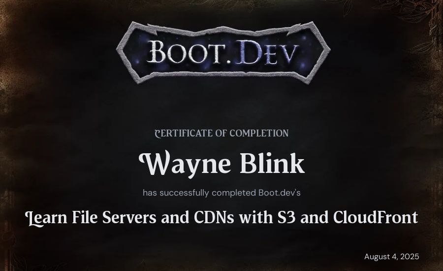 Wayne Blink's Boot.dev Learn File Servers and CDNs with S3 and CloudFront certificate