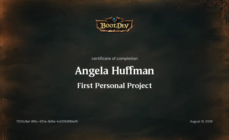 Angela Huffman's Boot.dev First Personal Project certificate