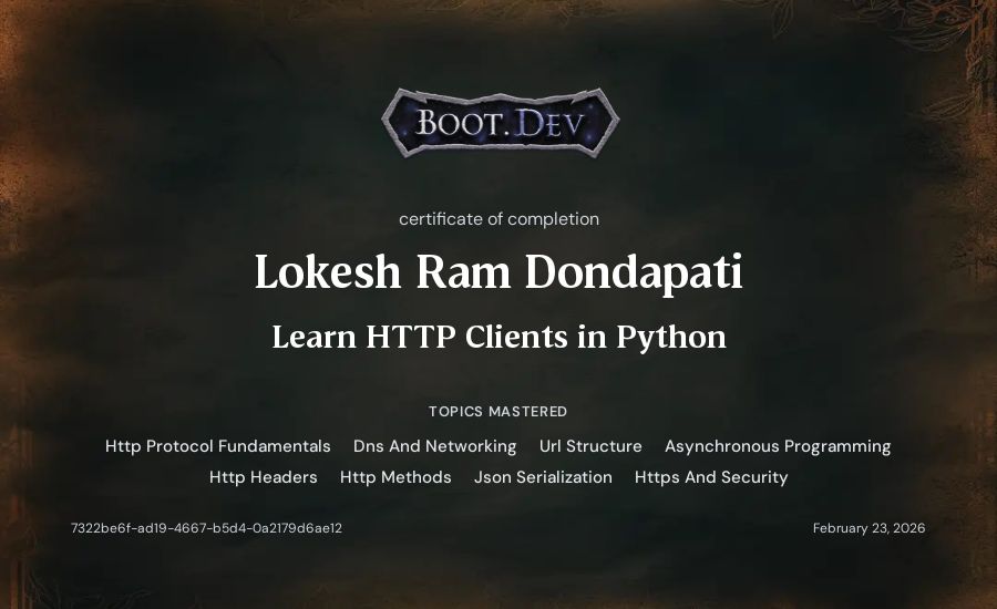 Lokesh Ram Dondapati's Boot.dev Learn HTTP Clients in Python certificate