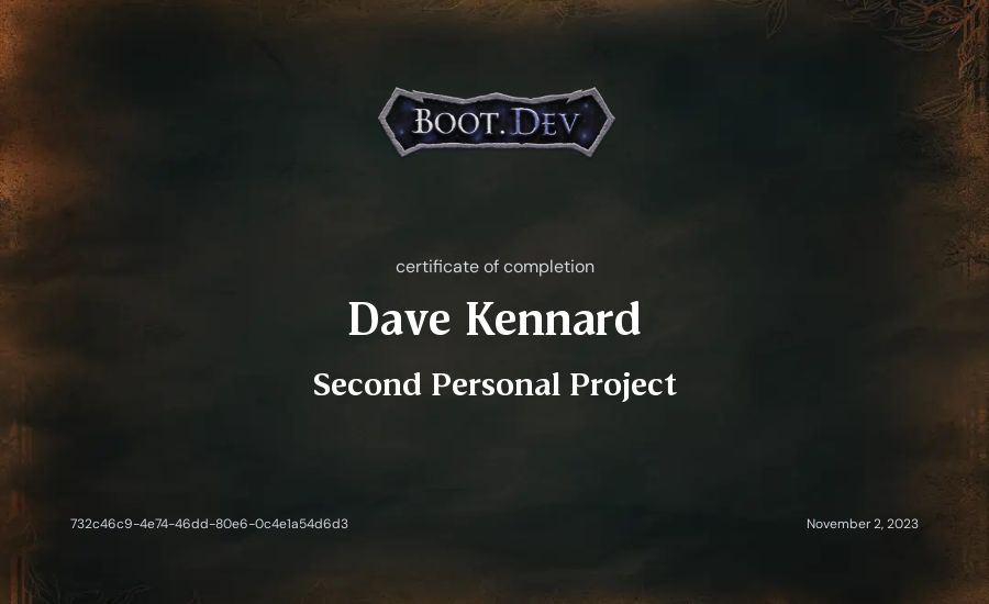 Dave Kennard's Boot.dev Second Personal Project certificate