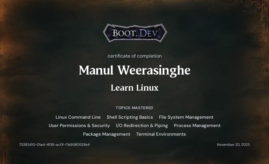 Manul Weerasinghe's Boot.dev Learn Linux certificate