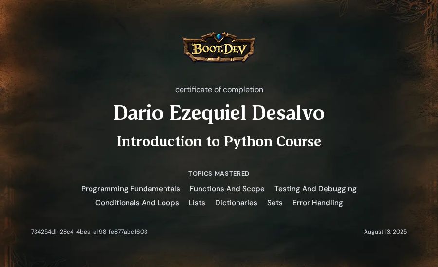 Dario Ezequiel Desalvo's Boot.dev Introduction to Python Course certificate