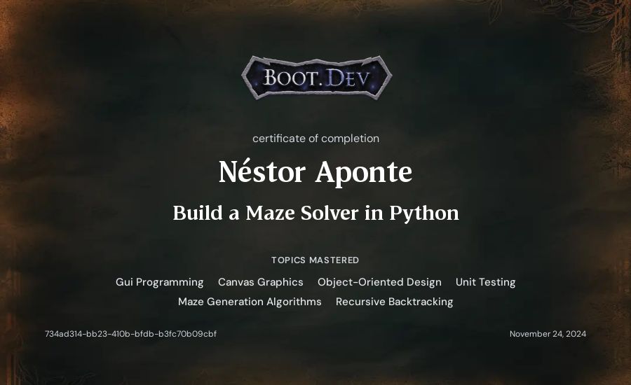 Néstor Aponte's Boot.dev Build a Maze Solver in Python certificate