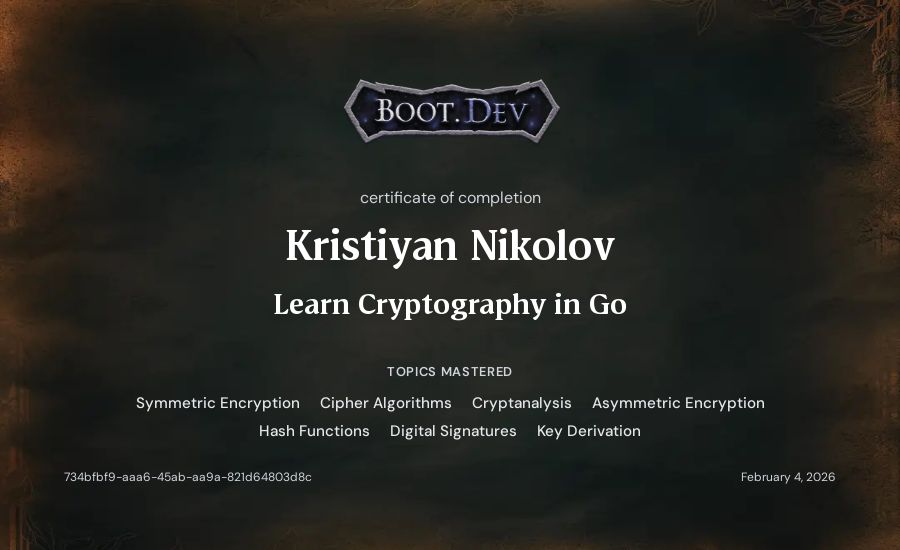 Kristiyan Nikolov's Boot.dev Learn Cryptography in Go certificate
