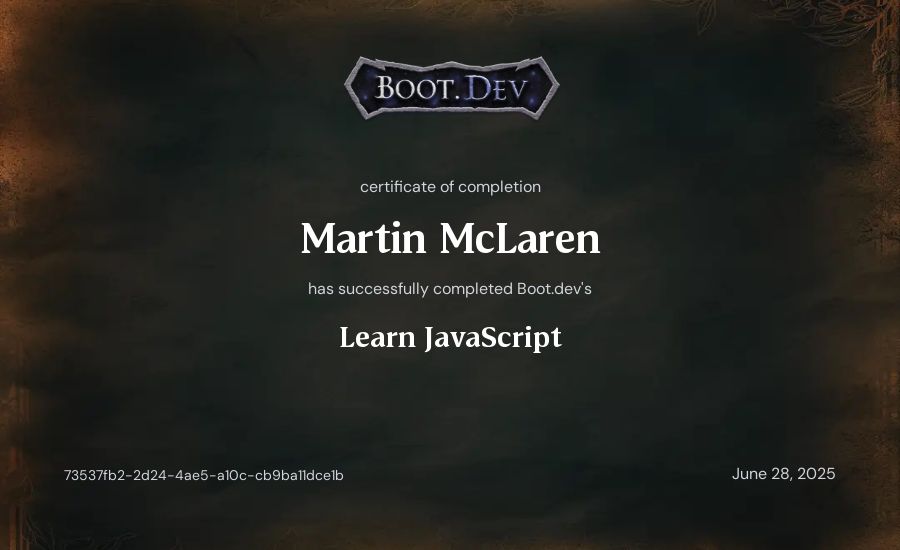 Martin McLaren's Boot.dev Learn JavaScript certificate