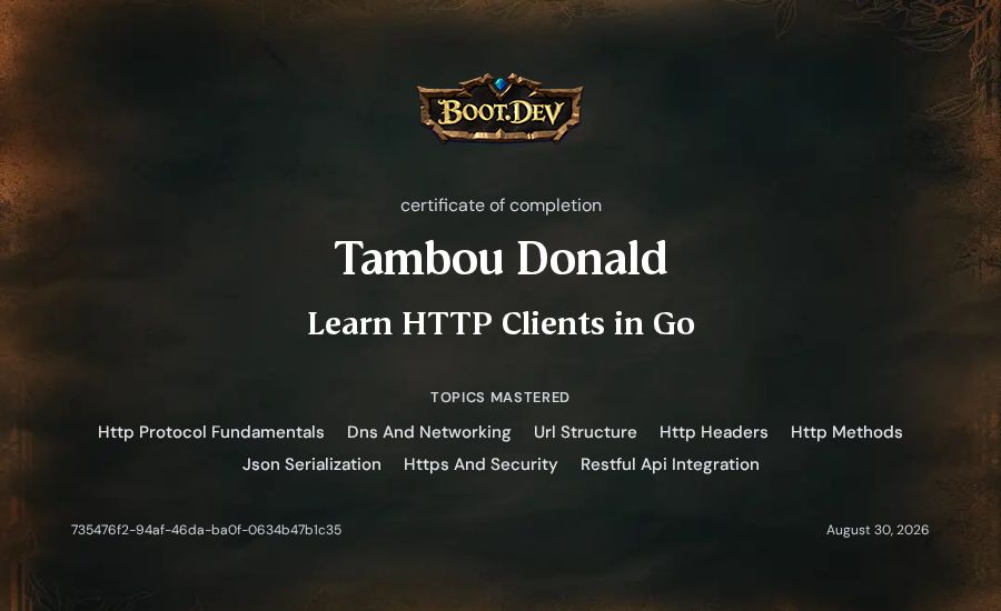 Tambou Donald's Boot.dev Learn HTTP Clients in Go certificate