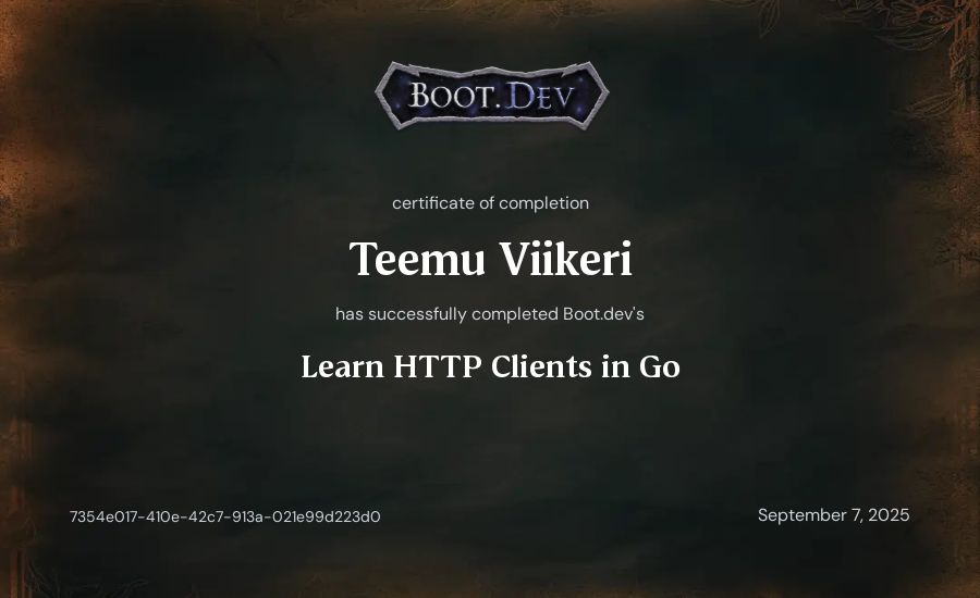 Teemu Viikeri's Boot.dev Learn HTTP Clients in Go certificate