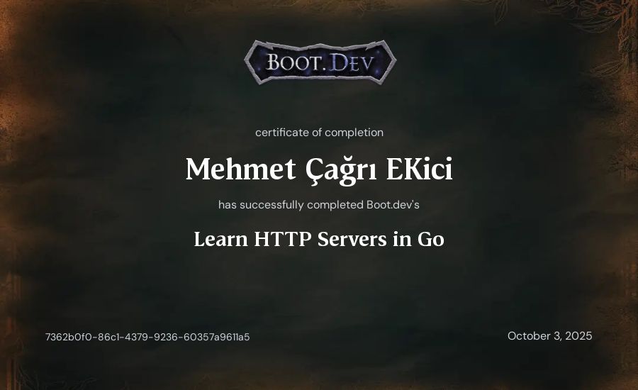 Mehmet Çağrı Ekici's Boot.dev Learn HTTP Servers in Go certificate