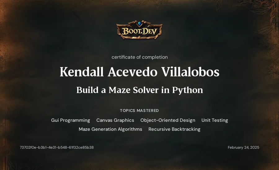 Kendall Acevedo Villalobos's Boot.dev Build a Maze Solver in Python certificate