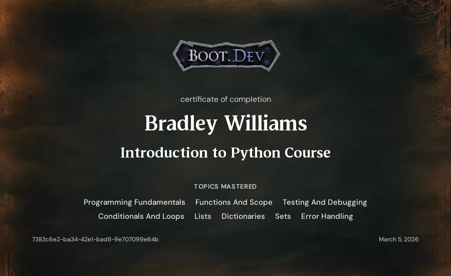 Bradley Williams's Boot.dev Introduction to Python Course certificate