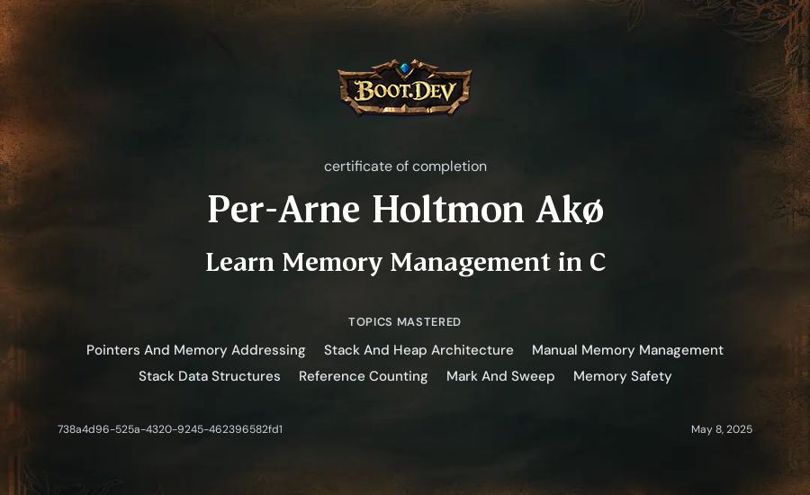 Per-Arne Holtmon Akø's Boot.dev Learn Memory Management in C certificate