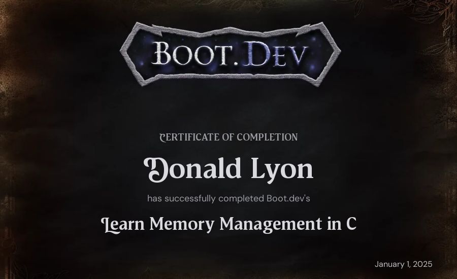 Donald Lyon's Boot.dev Learn Memory Management in C certificate