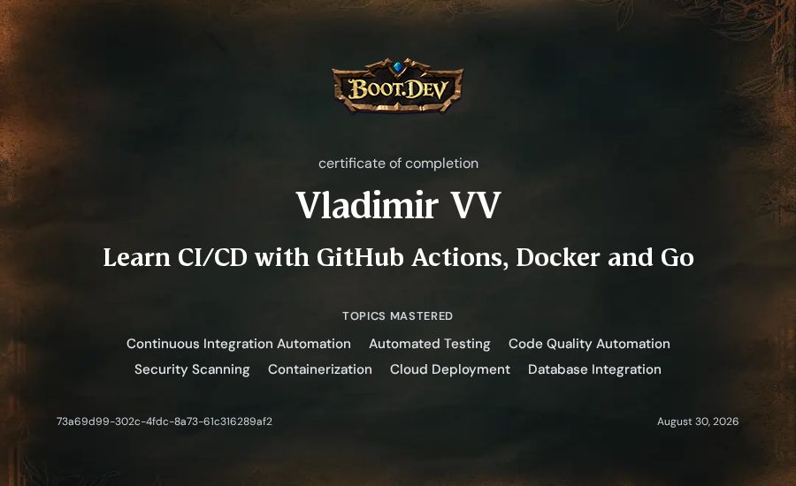 Vladimir VV's Boot.dev Learn CI/CD with GitHub Actions, Docker and Go certificate
