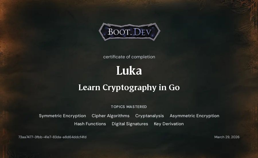 Luka's Boot.dev Learn Cryptography in Go certificate
