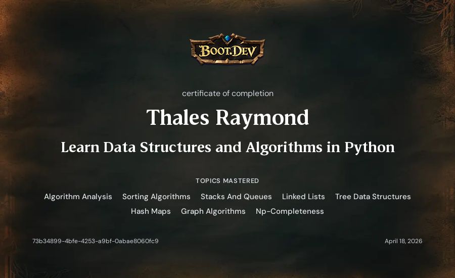 Thales Raymond's Boot.dev Learn Data Structures and Algorithms in Python certificate