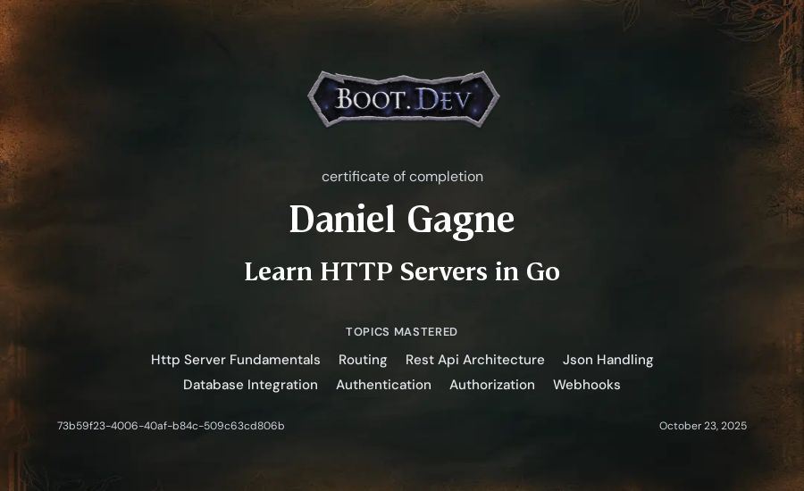 Daniel Gagne's Boot.dev Learn HTTP Servers in Go certificate