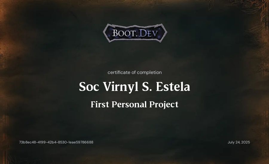Soc Virnyl S. Estela's Boot.dev First Personal Project certificate