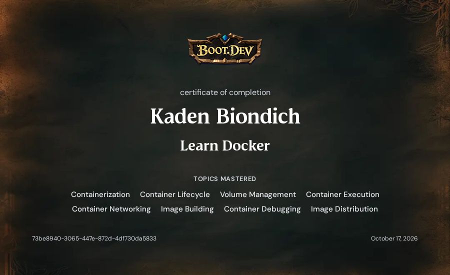 Kaden Biondich's Boot.dev Learn Docker certificate