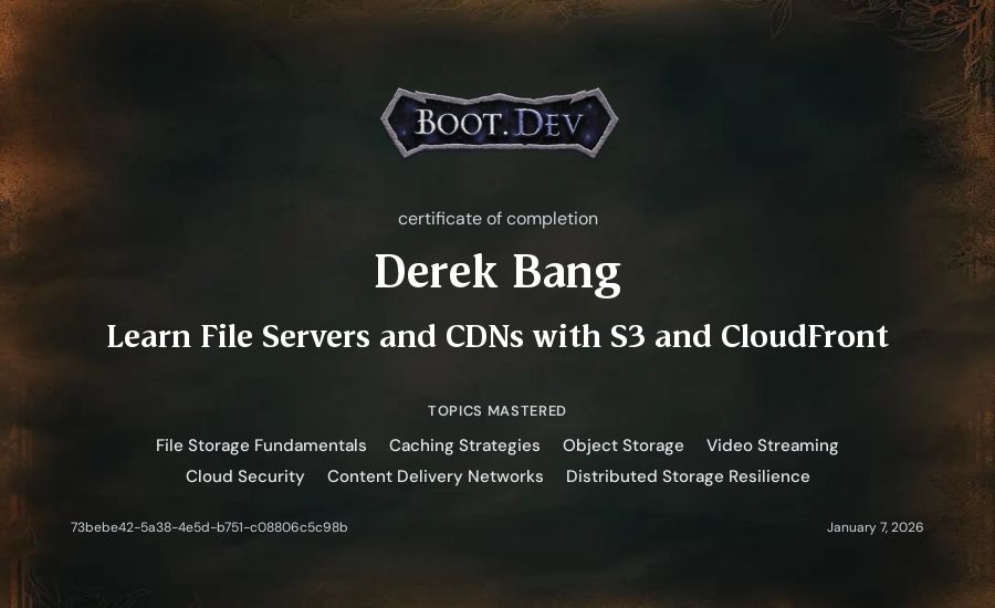 Derek Bang's Boot.dev Learn File Servers and CDNs with S3 and CloudFront certificate