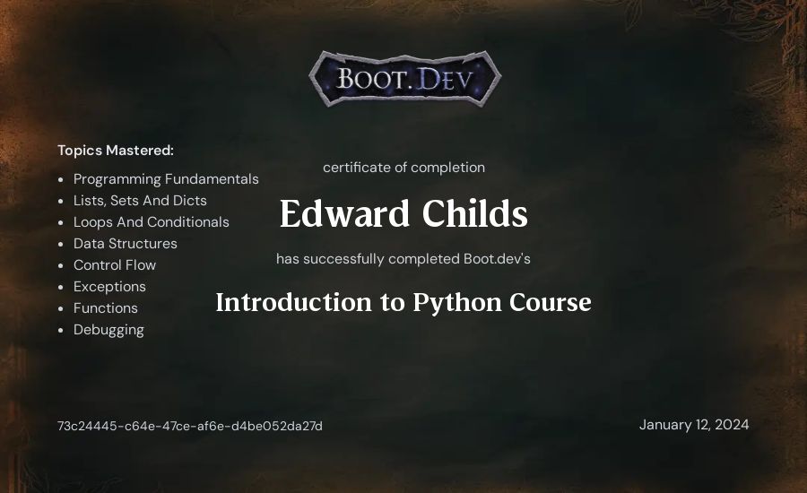 Edward Childs's Boot.dev Introduction to Python Course certificate