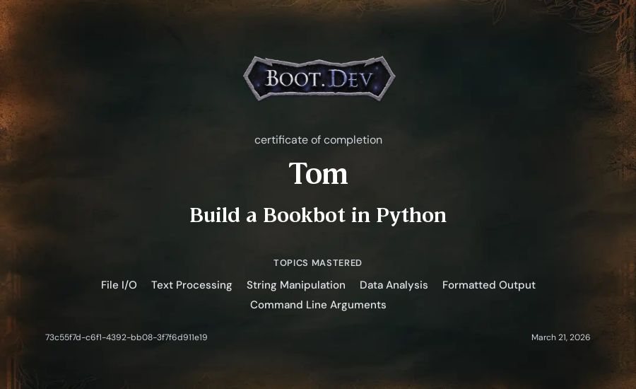 Tom's Boot.dev Build a BookBot in Python certificate