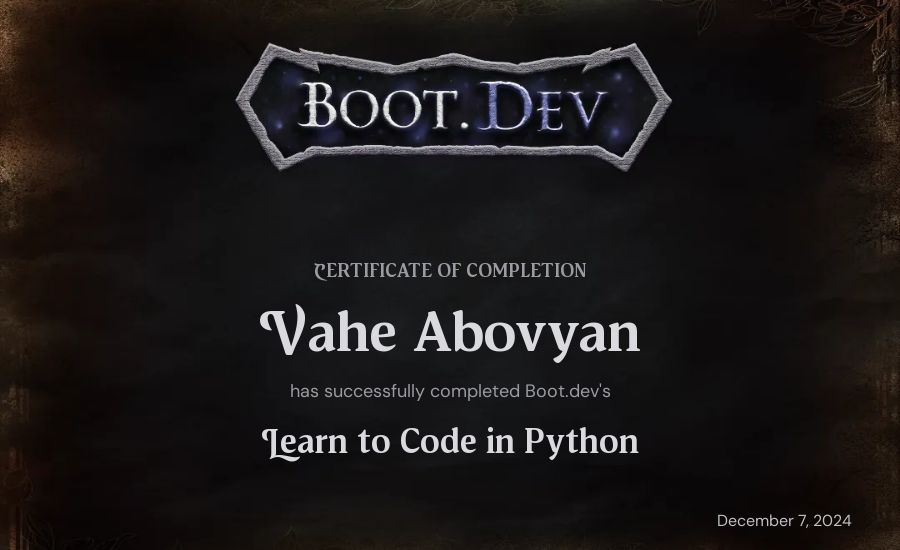 Vahe Abovyan's Boot.dev Introduction to Python Course certificate