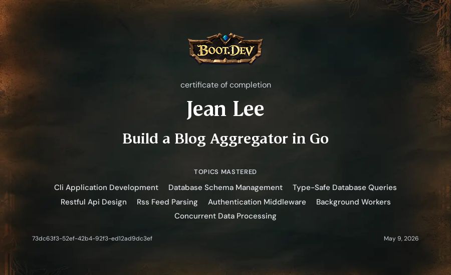 Jean Lee's Boot.dev Build a Blog Aggregator in Go certificate