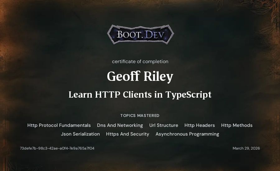 Geoff Riley's Boot.dev Learn HTTP Clients in TypeScript certificate