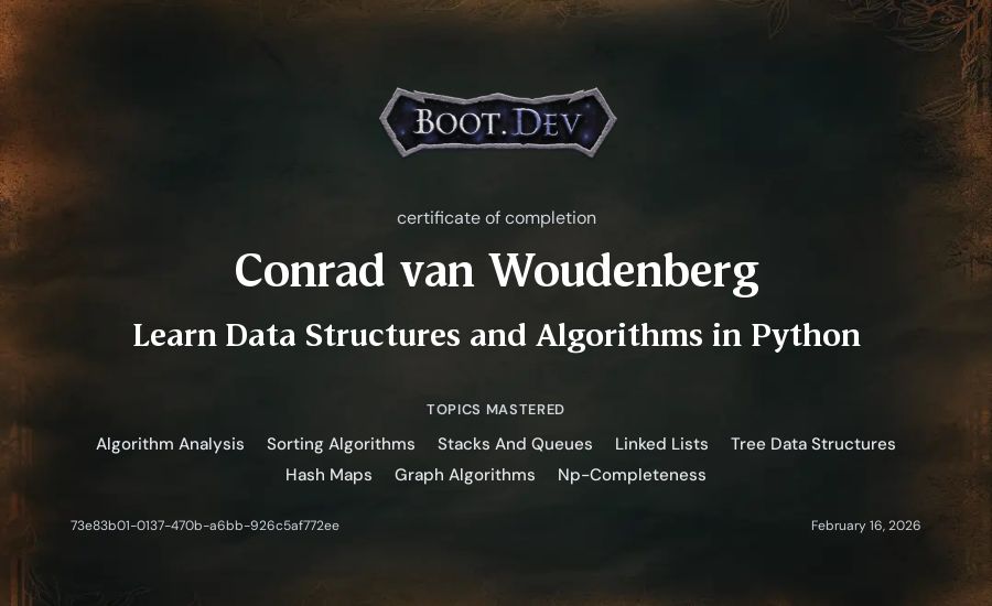 Conrad van Woudenberg's Boot.dev Learn Data Structures and Algorithms in Python certificate