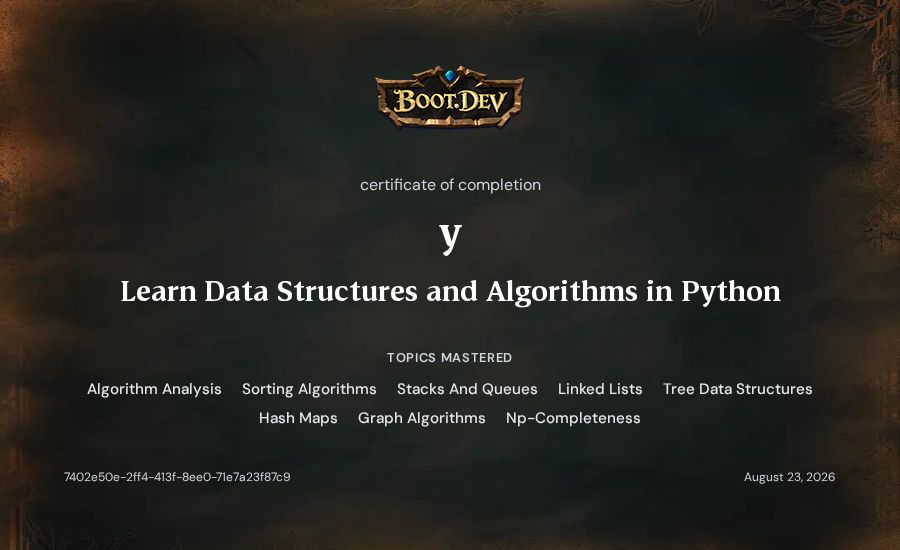 y's Boot.dev Learn Data Structures and Algorithms in Python certificate