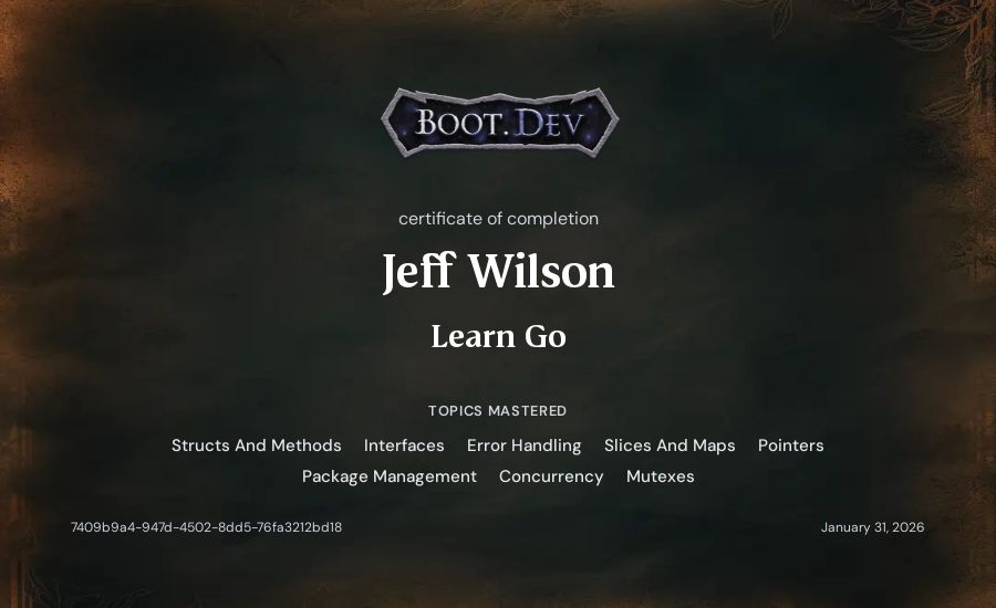 Jeff Wilson's Boot.dev Learn Go certificate