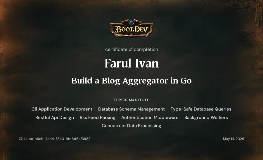 Farul Ivan's Boot.dev Build a Blog Aggregator in Go certificate