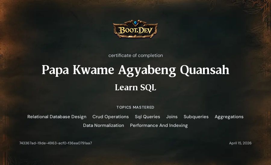 Papa Kwame Agyabeng Quansah's Boot.dev Learn SQL certificate