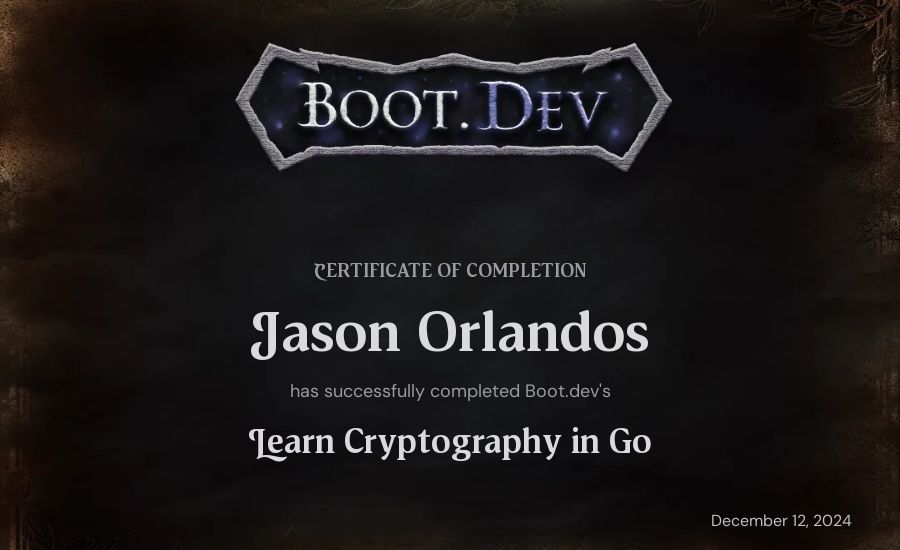 Iason Orlandos's Boot.dev Learn Cryptography in Go certificate