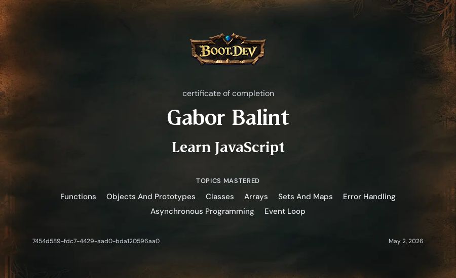 Gabor Balint's Boot.dev Learn JavaScript certificate