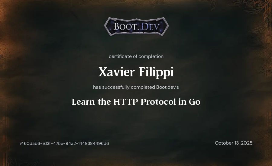 Xavier Filippi's Boot.dev Learn the HTTP Protocol in Go certificate